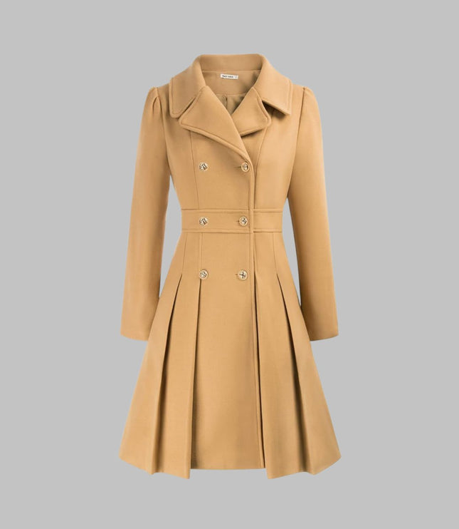 Women's Coat Double-Breasted Pleated A-Line Long Sleeve Overcoat - Teal