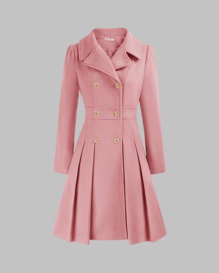 Women's Coat Double-Breasted Pleated A-Line Long Sleeve Overcoat - Pink