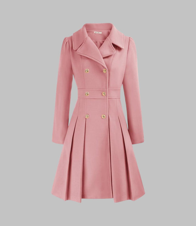 Women's Coat Double-Breasted Pleated A-Line Long Sleeve Overcoat - Pink