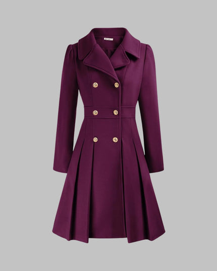 Women's Coat Double-Breasted Pleated A-Line Long Sleeve Overcoat - Purple