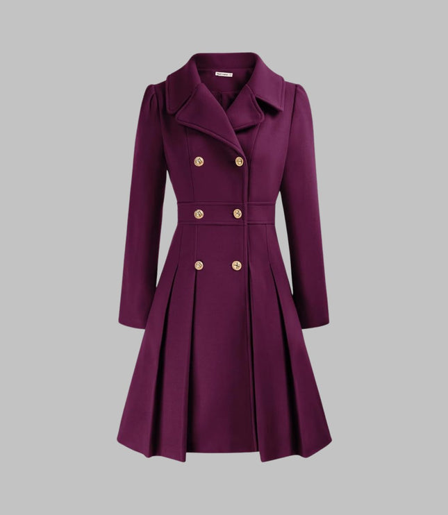 Women's Coat Double-Breasted Pleated A-Line Long Sleeve Overcoat - Purple