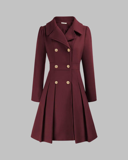 Women's Coat Double-Breasted Pleated A-Line Long Sleeve Overcoat - Deep Red