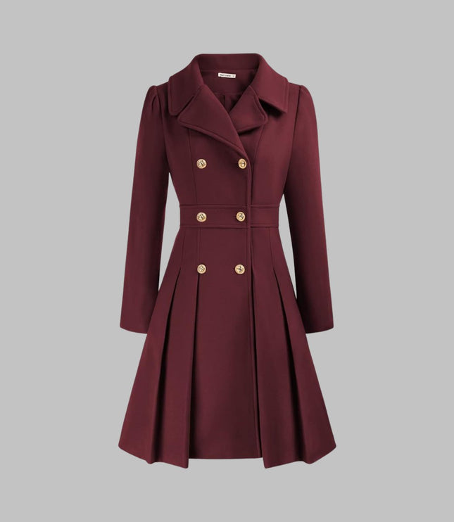 Women's Coat Double-Breasted Pleated A-Line Long Sleeve Overcoat - Deep Red