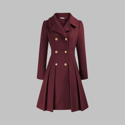 Women's Coat Double-Breasted Pleated A-Line Long Sleeve Overcoat - Deep Red