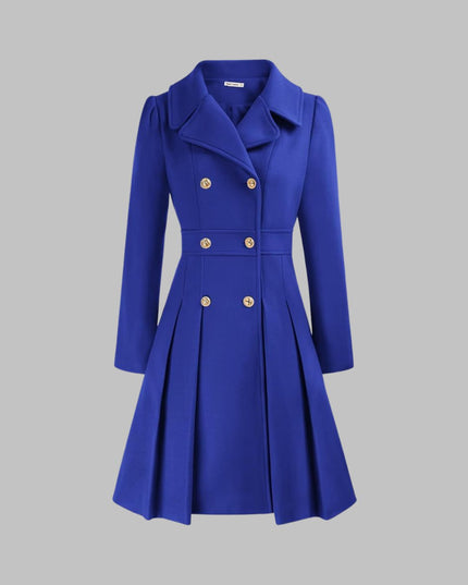 Women's Coat Double-Breasted Pleated A-Line Long Sleeve Overcoat - Royal Blue