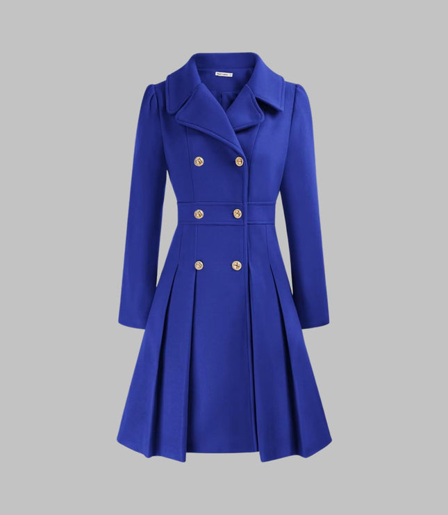 Women's Coat Double-Breasted Pleated A-Line Long Sleeve Overcoat - Royal Blue