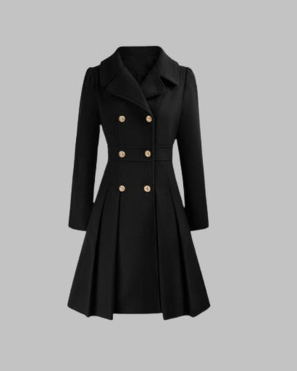 Women's Coat Double-Breasted Pleated A-Line Long Sleeve Overcoat - Black