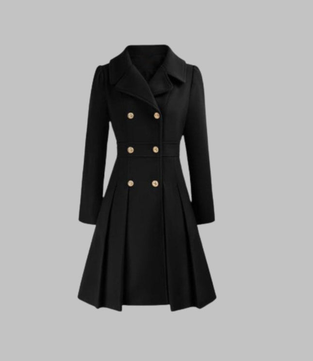Women's Coat Double-Breasted Pleated A-Line Long Sleeve Overcoat - Black
