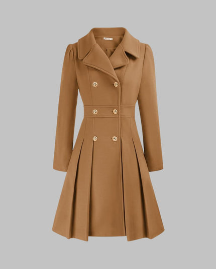 Women's Coat Double-Breasted Pleated A-Line Long Sleeve Overcoat - Camel