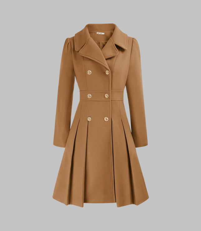 Women's Coat Double-Breasted Pleated A-Line Long Sleeve Overcoat - Camel