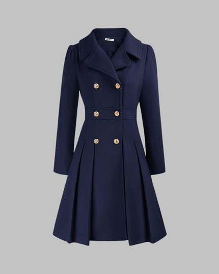 Women's Coat Double-Breasted Pleated A-Line Long Sleeve Overcoat - Dark Blue