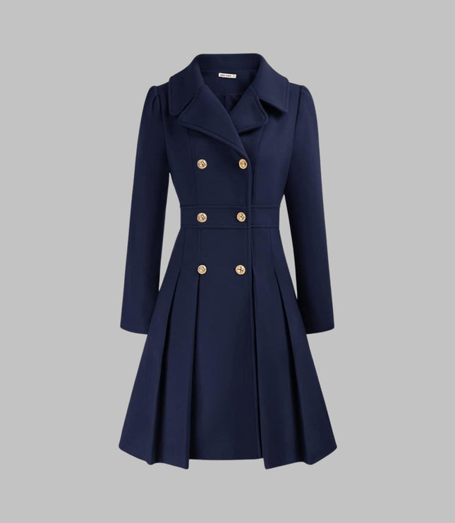 Women's Coat Double-Breasted Pleated A-Line Long Sleeve Overcoat - Dark Blue