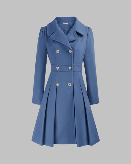 Women's Coat Double-Breasted Pleated A-Line Long Sleeve Overcoat - Gray Blue