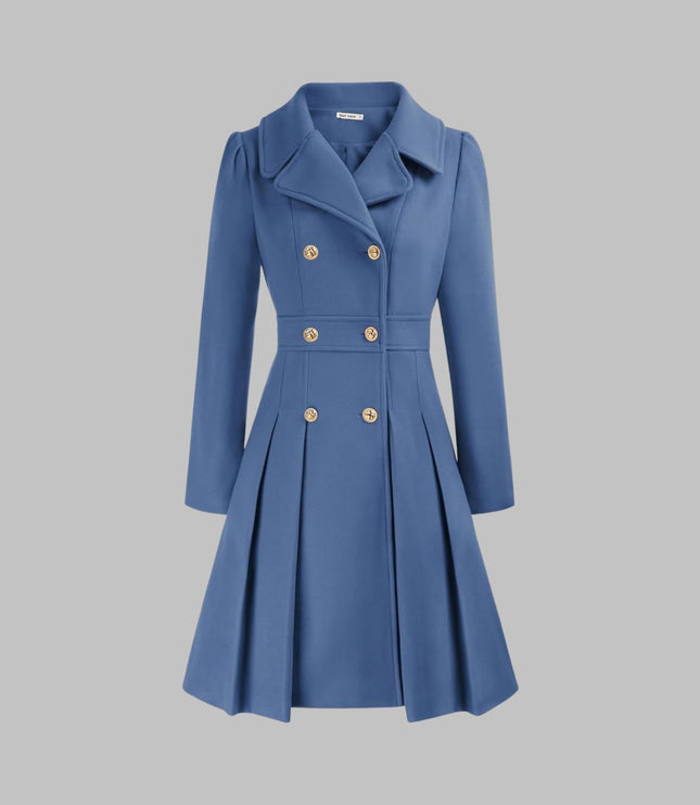 Women's Coat Double-Breasted Pleated A-Line Long Sleeve Overcoat - Gray Blue