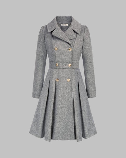 Women's Coat Double-Breasted Pleated A-Line Long Sleeve Overcoat - Light Gray