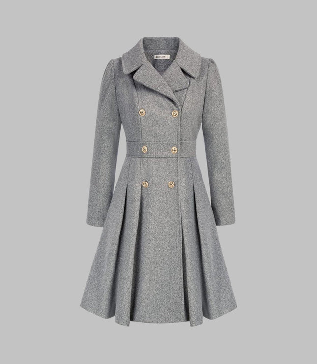 Women's Coat Double-Breasted Pleated A-Line Long Sleeve Overcoat - Light Gray