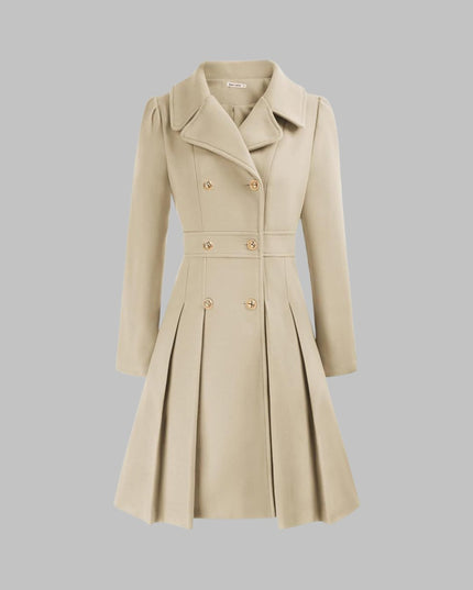Women's Coat Double-Breasted Pleated A-Line Long Sleeve Overcoat - Beige