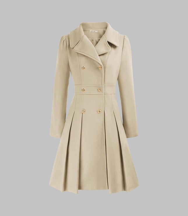 Women's Coat Double-Breasted Pleated A-Line Long Sleeve Overcoat - Beige