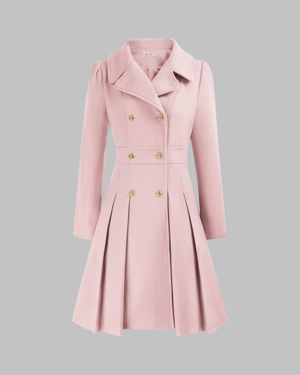 Women's Coat Double-Breasted Pleated A-Line Long Sleeve Overcoat - Light Pink