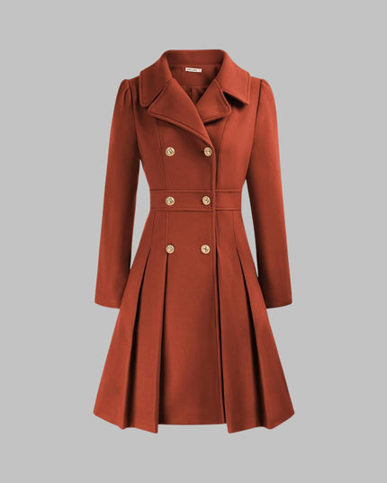 Women's Coat Double-Breasted Pleated A-Line Long Sleeve Overcoat
