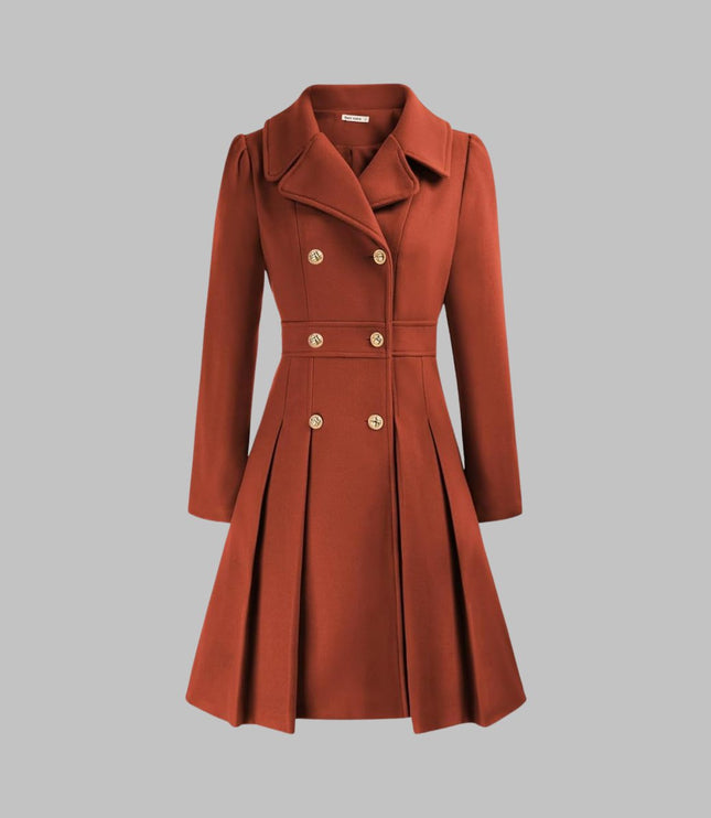 Women's Coat Double-Breasted Pleated A-Line Long Sleeve Overcoat
