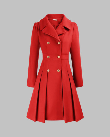 Women's Coat Double-Breasted Pleated A-Line Long Sleeve Overcoat - Orange