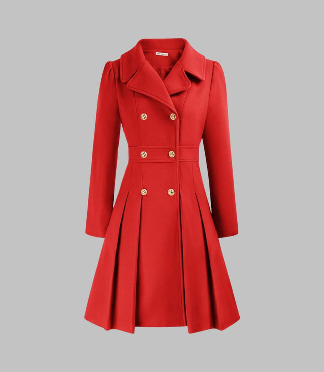 Women's Coat Double-Breasted Pleated A-Line Long Sleeve Overcoat - Orange