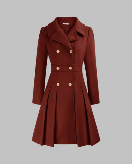 Women's Coat Double-Breasted Pleated A-Line Long Sleeve Overcoat - Red