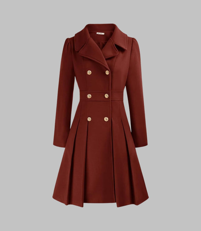 Women's Coat Double-Breasted Pleated A-Line Long Sleeve Overcoat - Red