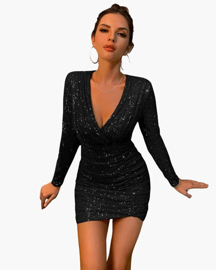 Women's Draped Long Sleeve Mini Sequin Dress