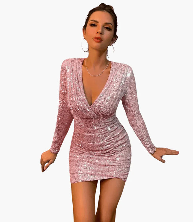 Women's Draped Long Sleeve Mini Sequin Dress