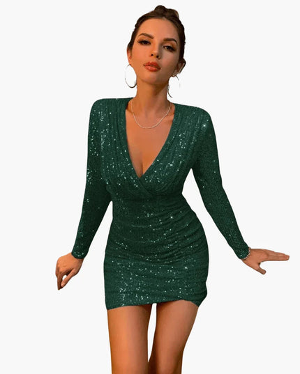 Women's Draped Long Sleeve Mini Sequin Dress