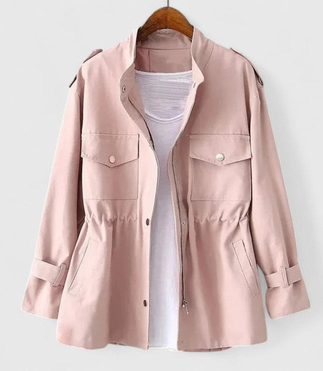 Women's Coat Drawstring-Waist Utility Jacket Snap-Pocket - Pink