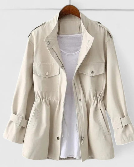 Women's Coat Drawstring-Waist Utility Jacket Snap-Pocket - Cream