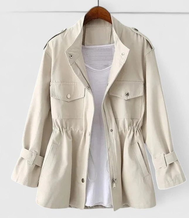 Women's Coat Drawstring-Waist Utility Jacket Snap-Pocket - Cream