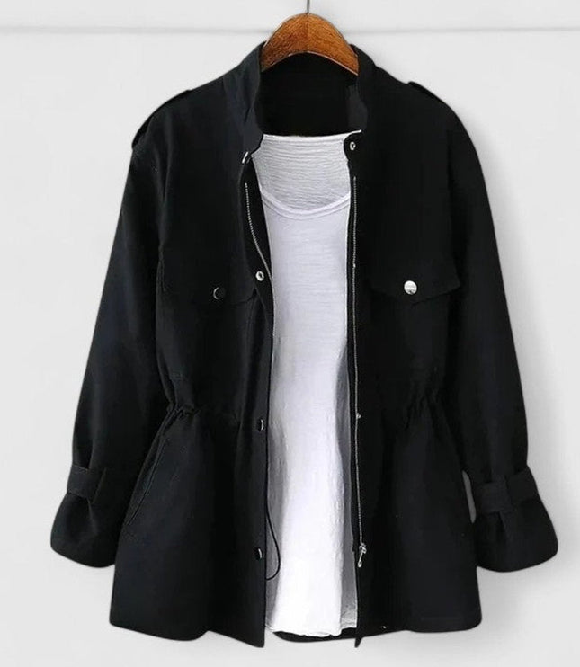 Women's Coat Drawstring-Waist Utility Jacket Snap-Pocket - Black