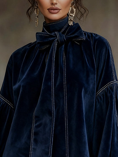 Women's Dropped Shoulder Neck Bow Velvet Dress