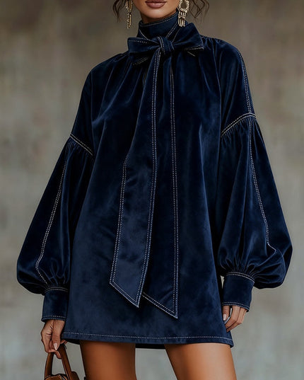 Women's Dropped Shoulder Neck Bow Velvet Dress