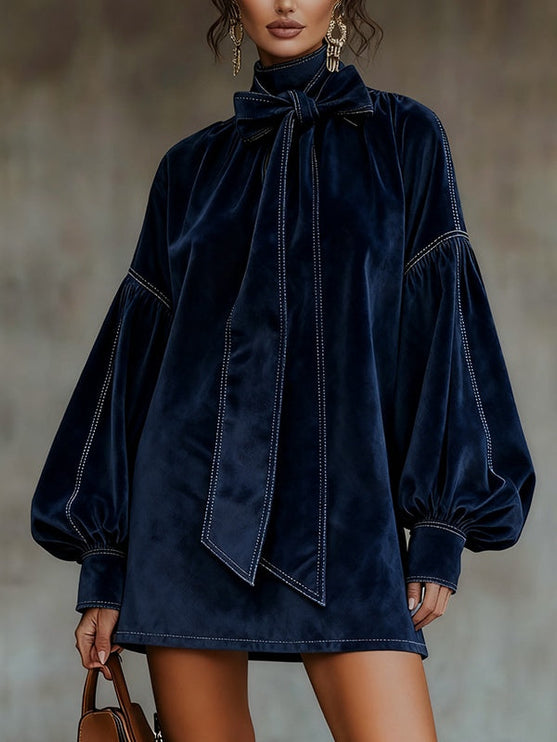 Women's Dropped Shoulder Neck Bow Velvet Dress