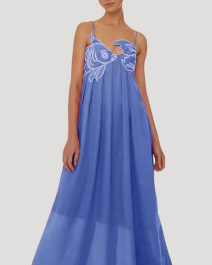 Periwinkle blue women's cami maxi sundress with white embroidered fish and crab detail on the bodice, a flowing dress.