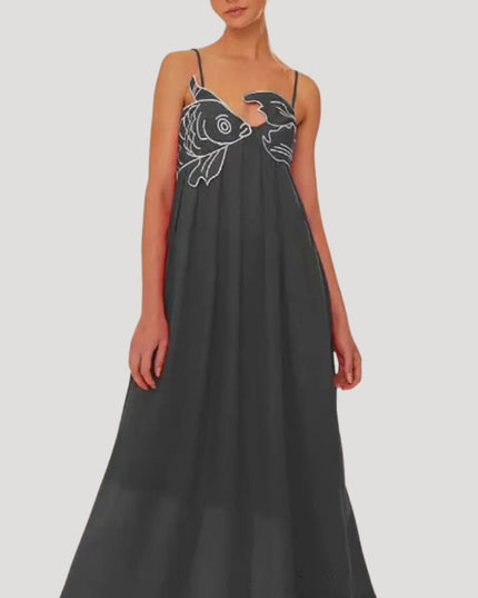 Charcoal grey women's cami maxi sundress with white embroidered fish and crab detail on the bust, a long dress.