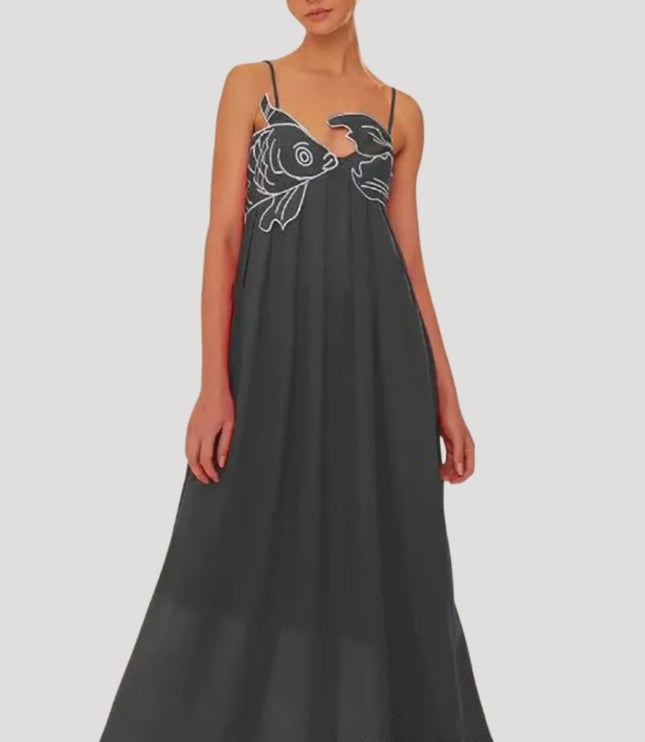 Charcoal grey women's cami maxi sundress with white embroidered fish and crab detail on the bust, a long dress.