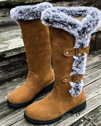 Women's Faux-Suede Fur-Trim Buckle Knee High Boots