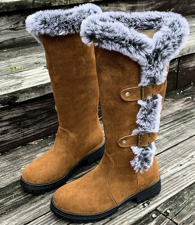 Women's Faux-Suede Fur-Trim Buckle Knee High Boots