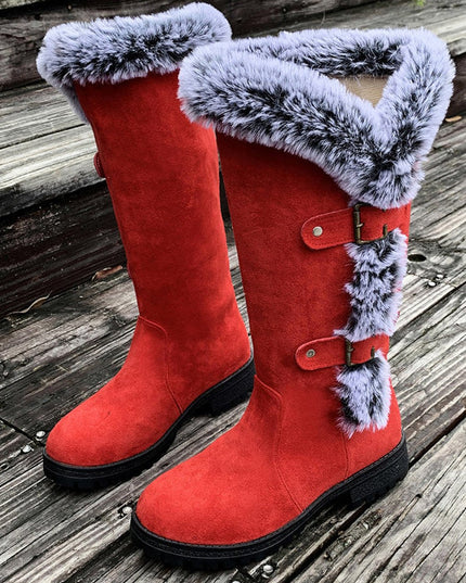 Women's Faux-Suede Fur-Trim Buckle Knee High Boots - Red