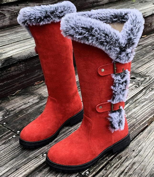 Women's Faux-Suede Fur-Trim Buckle Knee High Boots - Red