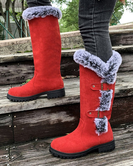 Women's Faux-Suede Fur-Trim Buckle Knee High Boots