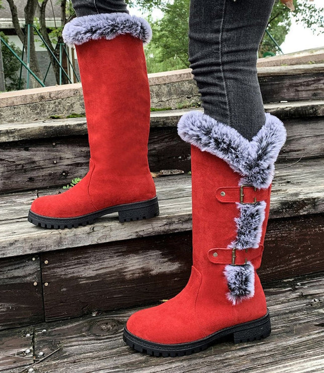Women's Faux-Suede Fur-Trim Buckle Knee High Boots