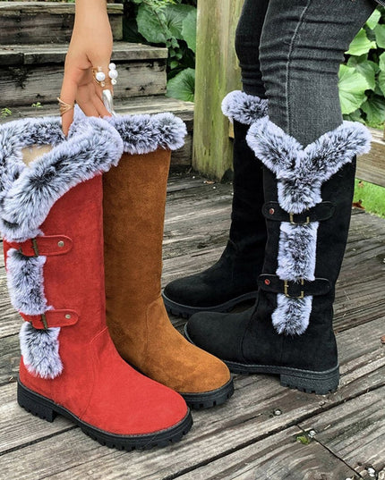 Women's Faux-Suede Fur-Trim Buckle Knee High Boots
