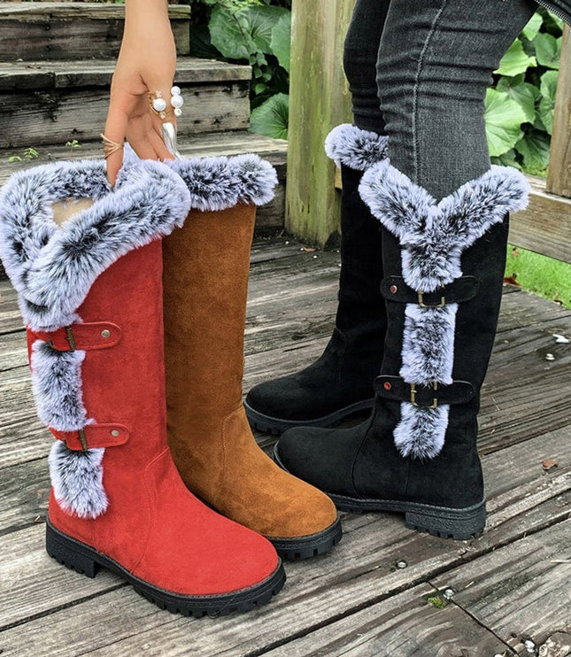 Women's Faux-Suede Fur-Trim Buckle Knee High Boots